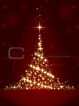 Dark red Christmas card with shining golden Christmas tree