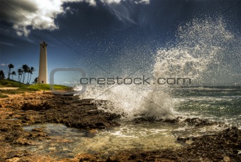 "Barber's Point" lighthouse, wave crashing!