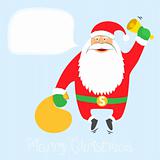 Santa Claus ringing a bell, jumping with gifts. Merry Christmas