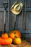 Pile of pumpkins with tools 