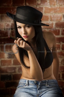chinese girl with hat and cigar