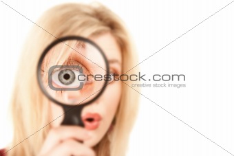Pretty Blonde Woman with Magnifying Glass