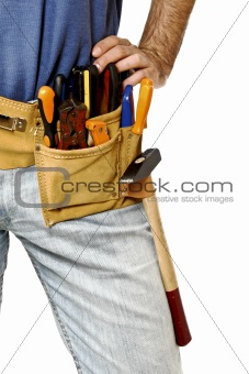 detail of toolbelt on handyman