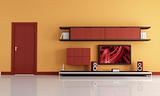 lcd tv and audio system in a orange and red lounge