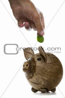 Fingers depositing a green coin
