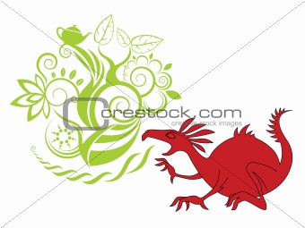 red dragon illustration with flower motive design