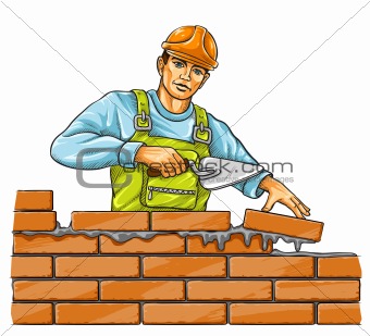 builder man with derby tool building a brick wall