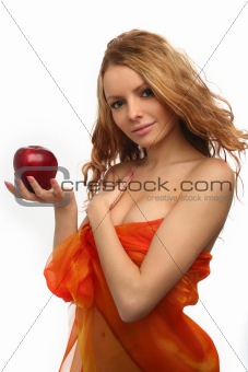 girl holding in her hand a red apple