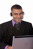 Call center operator with headset express happiness