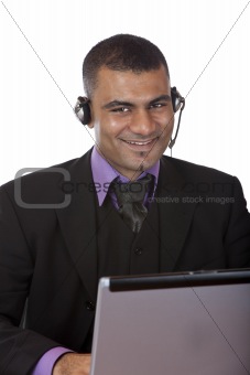 Call center operator with headset express happiness