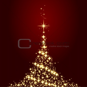 Dark red Christmas card with shining golden Christmas tree