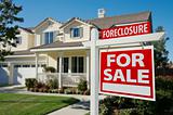 Foreclosure Home For Sale Sign in Front of Beautiful House.