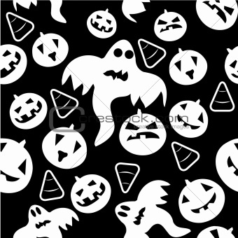Seamless halloween pattern with ghosts, pumpkins and candy corn