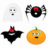 Cartoon halloween icon set (ghost, pumpkin, bat, spider)