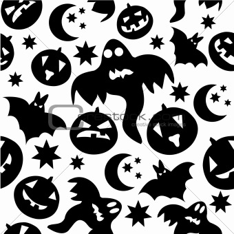 Seamless halloween pattern with black ghosts on white background