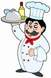 Cartoon chef holding meal and wine