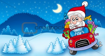 Landscape with Santa Claus driving car