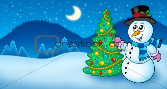 Winter landscape with snowman and tree