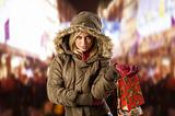 girl in jacket winter with shopping bag
