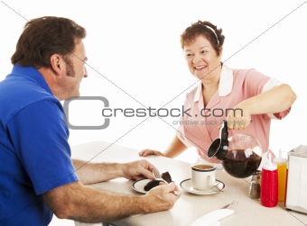 Waitress Serves Cake and Coffee