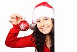 Woman as santa with red christmas bauble