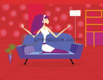 Meditation – woman is relaxing on sofa