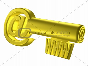 Rendered image of stylized gold key with internet signs