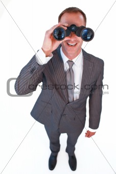 High angle of a businessman looking through binoculars