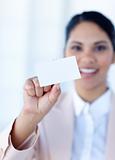 Ethnic businesswoman holding a white card