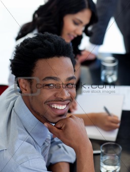 Portrait of a smiling Afro-American businessman in a meeting