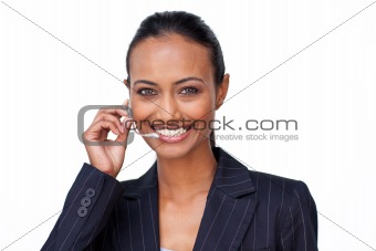Smiling Indian businesswoman talking on a headset