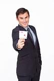 Businessman holding aces poker cards