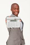 Businessman holding a calculator. Finance