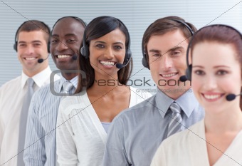 Indian businesswoman working in a call center in a line