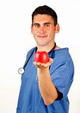 Doctor showing a red apple