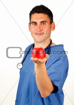 Doctor showing a red apple