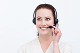 Attractive woman talking on a headset