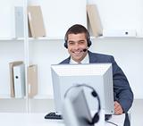 Businessman working in a call center