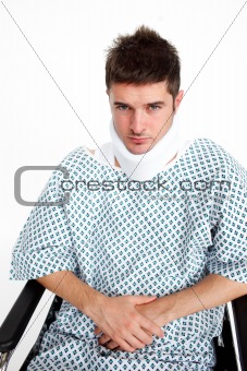 Man with a neck brace in hospital