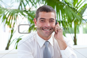 Friendly businessman on phone sitting on a couch