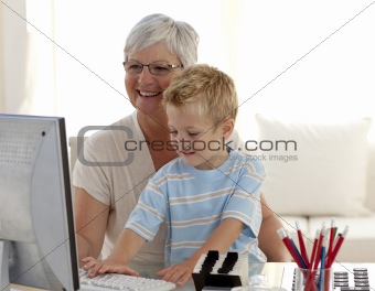 Grandson and grandmother using a computer