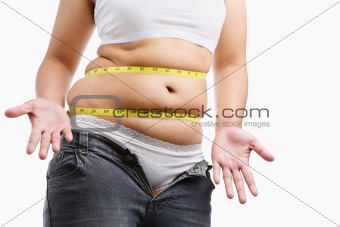 Fat woman give up wearing her tight jeans