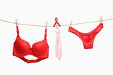 Red underwears, ribbon and condoms hanging on rope