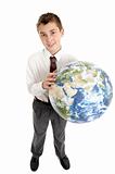 School student holding the world in his hands