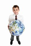 Smiling boy holding the world earth