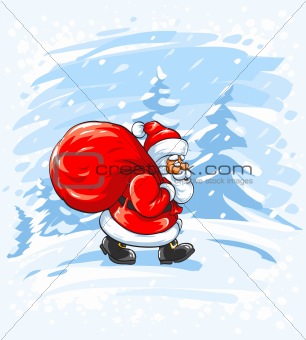 Merry Christmas Santa Claus walking in snow