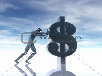 glass man pushes dollar symbol