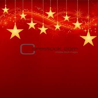 Golden hanging stars on red background with grunge elements