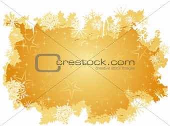 Golden grunge background with stars and snow flakes