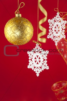 Christmas background with decorations and bow /  with copy space